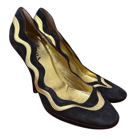 Prada Shoes - Prada Black Suede Colorblock Pumps Leather Designer Size 37 Gold Design Heels